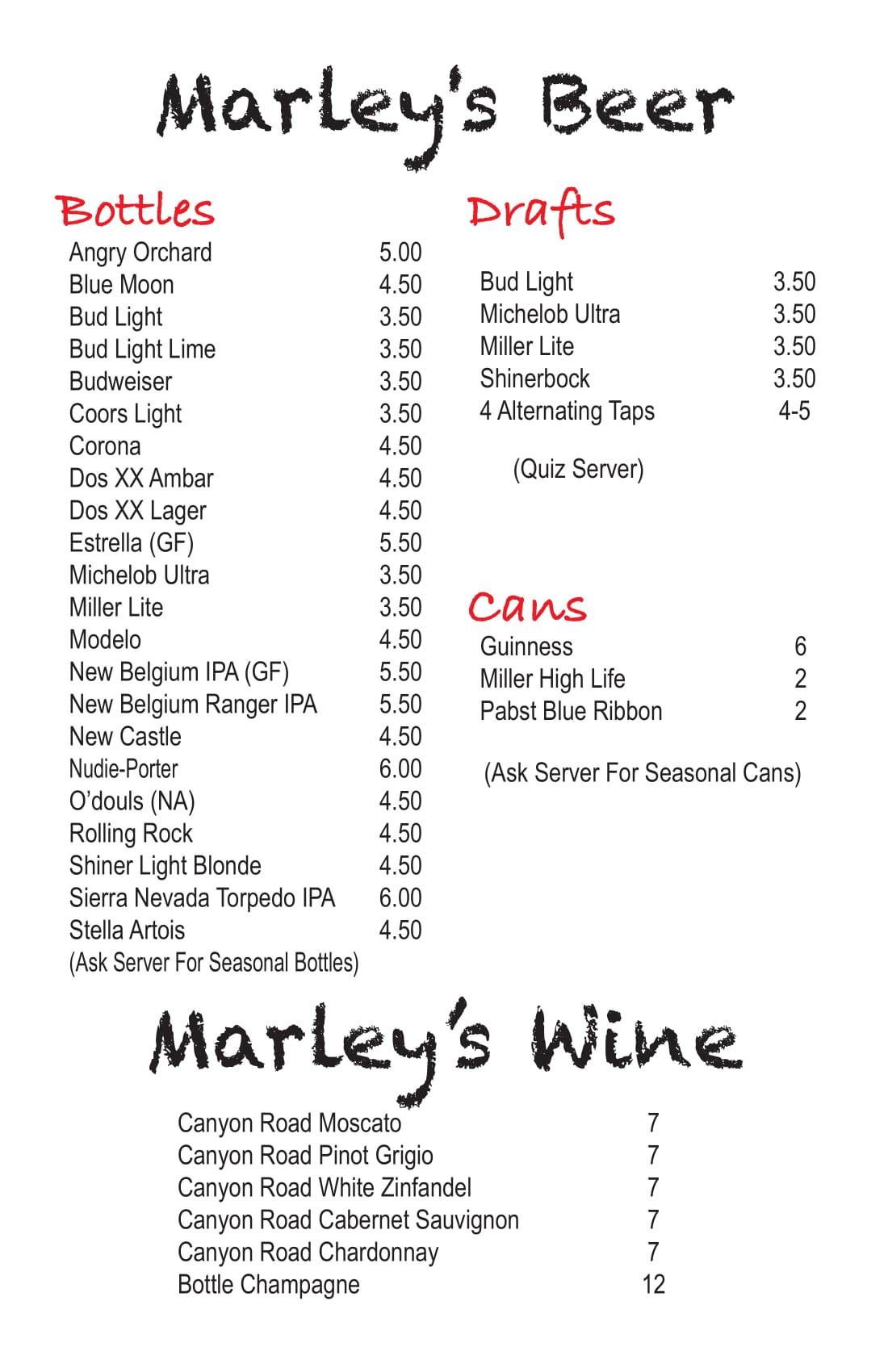 Marleys Pizza Fayetteville - Thirst Quenching Drink Menu